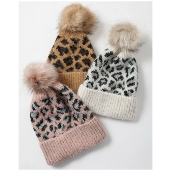 SOLD OUT Ivory Leopard Faux Fur Pompom Winter Beanie - Picture 3 of 3